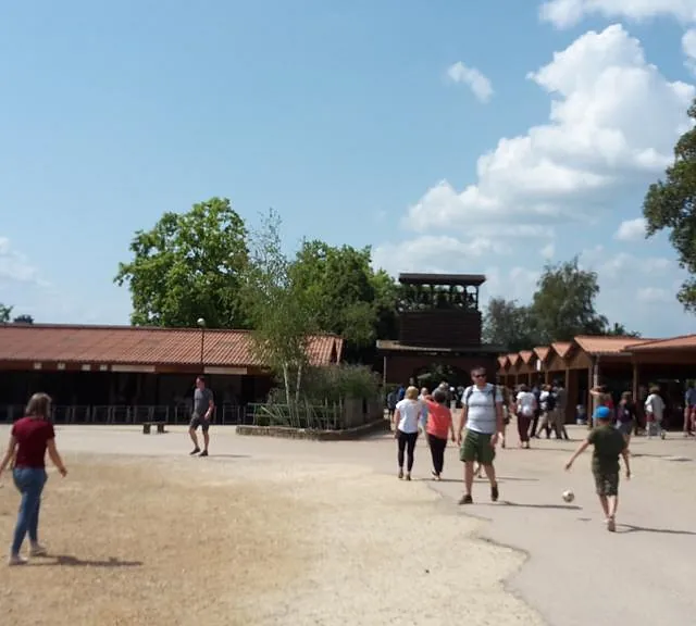 Hauptplatz mit Glockenturm und Kantinenbereich im Hintergrund