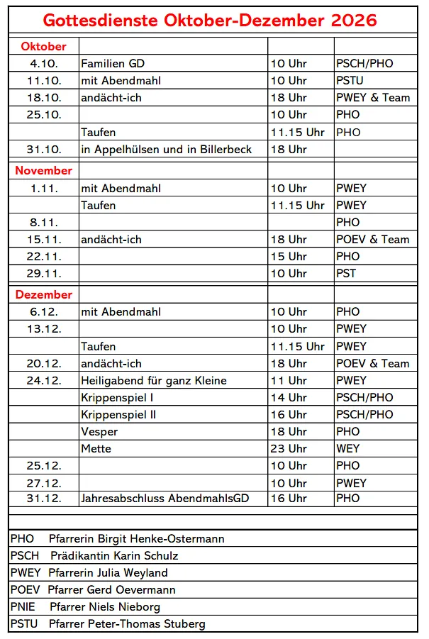 Gottesdienstplan April bis Juni 2025
