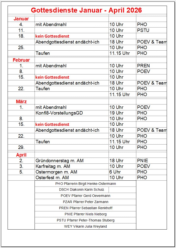 Gottesdienstplan April bis Juni 2025